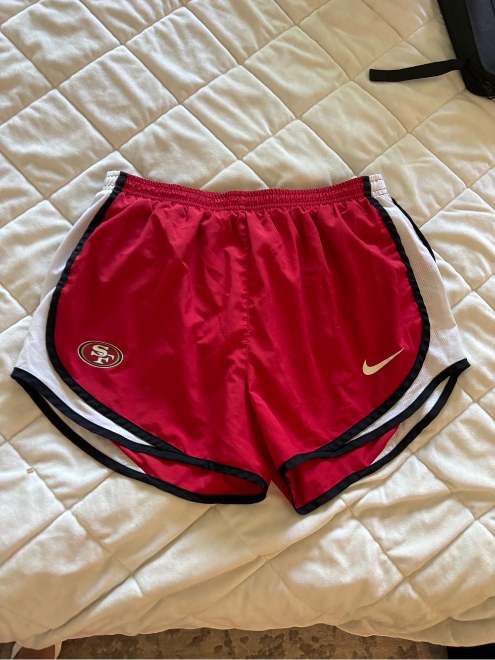 NFL 49ers Women’s Red Athletic Running Shorts with White and Black Trim ❤️🤍